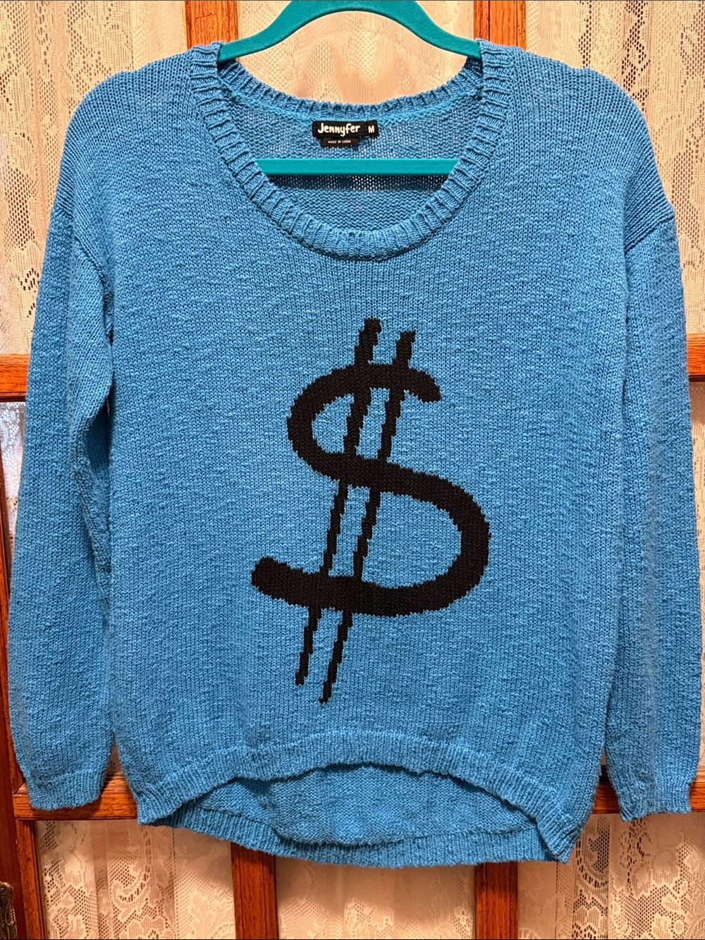 Jennyfer Blue Crewneck Sweater with Black Dollar Sign Graphic